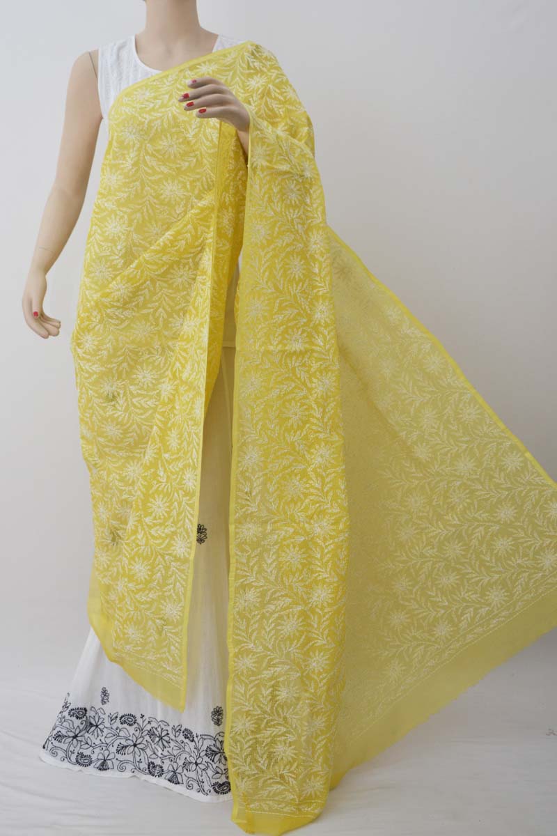 Greenish Yellow Allover Tepchi Hand Embroidered Lucknowi Chikankari Dupatta (Kota Cotton) MC251429